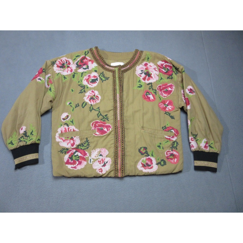 Anthropologie Jacket Women Small Brown Quilted Floral Pink Embroidered Boho